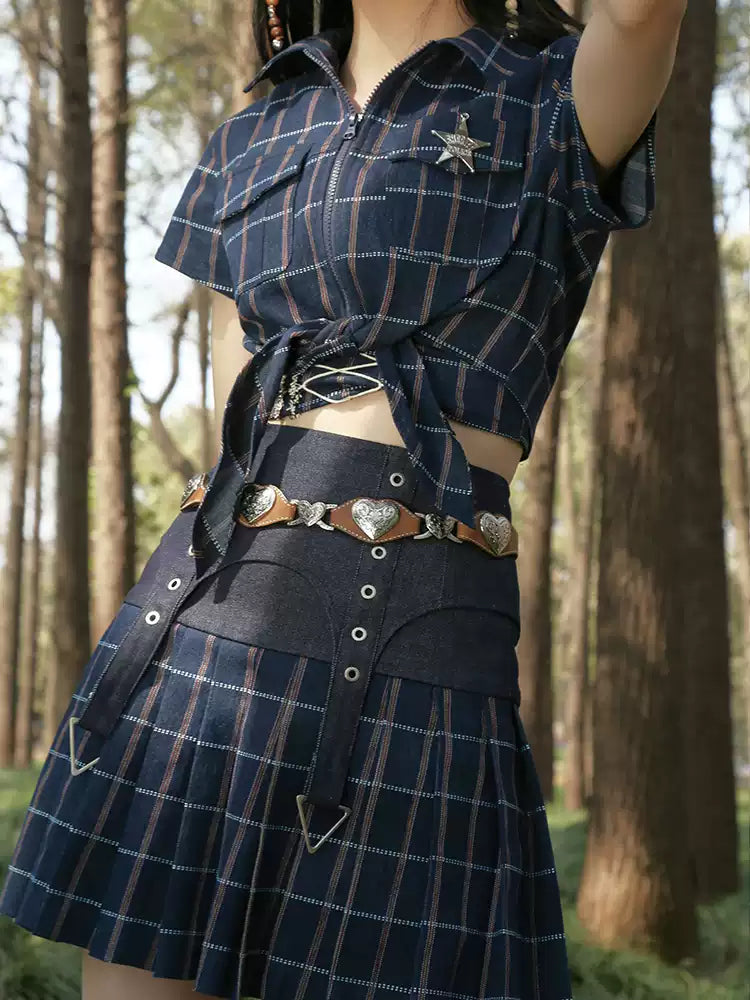 NEXT PASSPORT heart-cutout western PU belt in brown and silver — modeled front view with the belt centered at the waist.