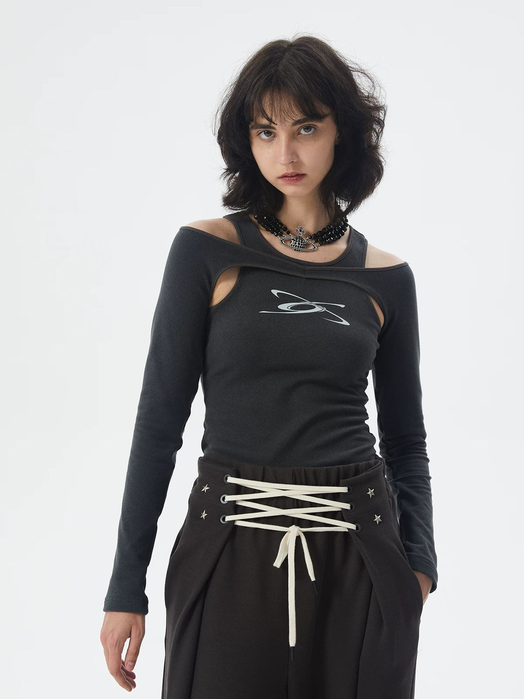 ERRORCODE ROBOT dark gray off-shoulder long-sleeve tee, front modeled hero view