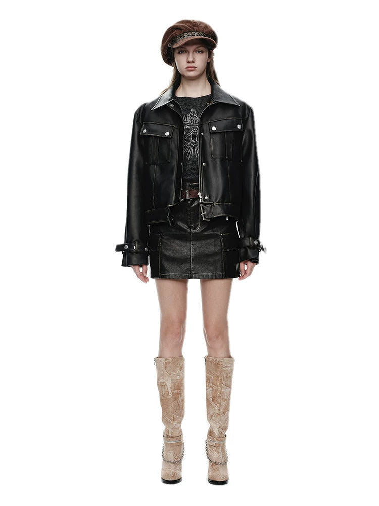 NEXT PASSPORT distressed black PU jacket and cargo-pocket mini skirt set, front full-body view