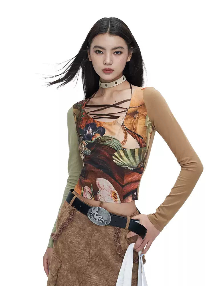 Model wearing the NEXT PASSPORT Botticelli printed lace-up U-neck long-sleeve crop tee.