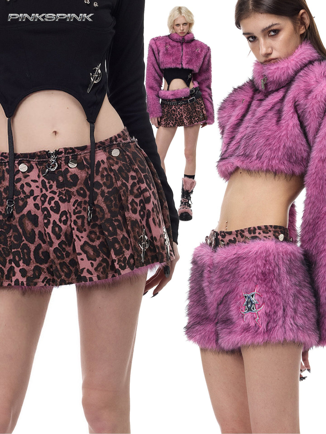 PINKSPINK PINK LEOPARD detachable faux-fur mini skirt — modeled collage showing the pink leopard layer and detachable pink faux-fur layer