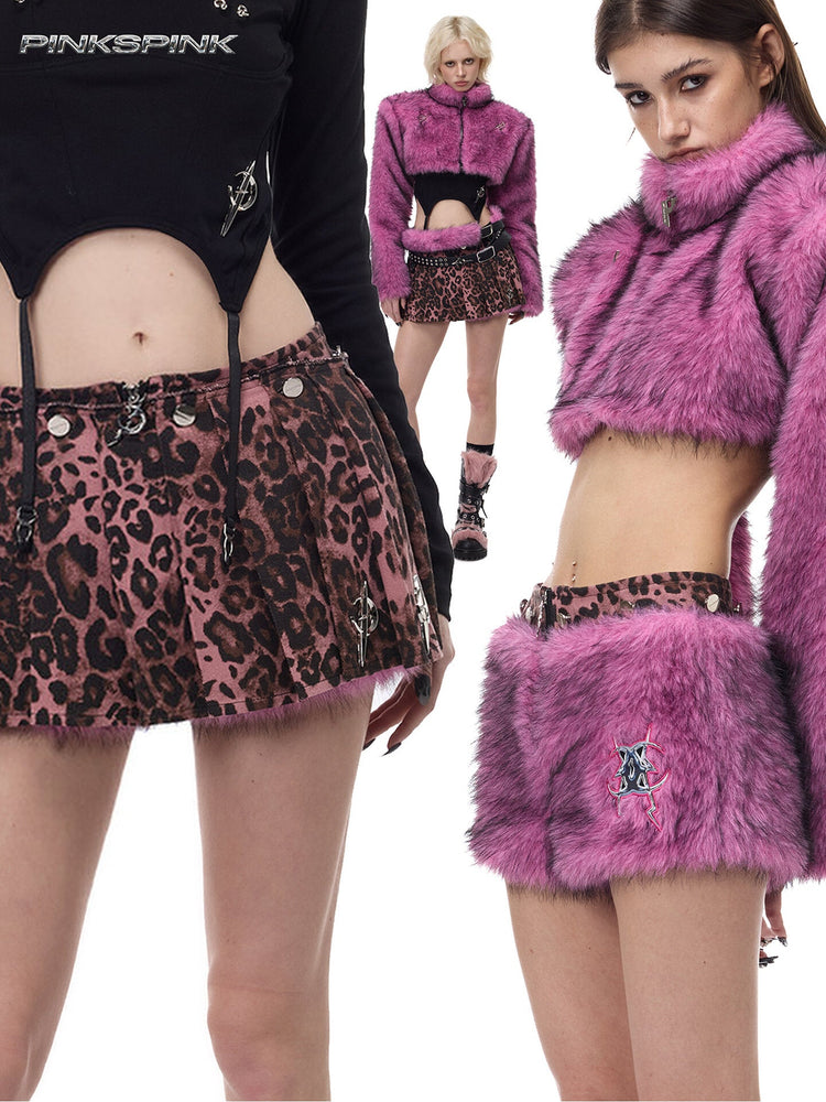 PINKSPINK PINK LEOPARD detachable faux-fur mini skirt — modeled collage showing the pink leopard layer and detachable pink faux-fur layer