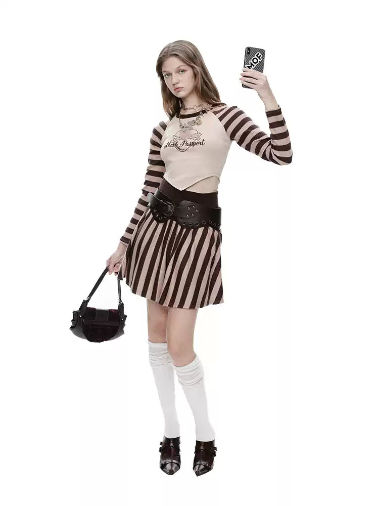 NEXT PASSPORT striped pleated mini skirt — khaki set front