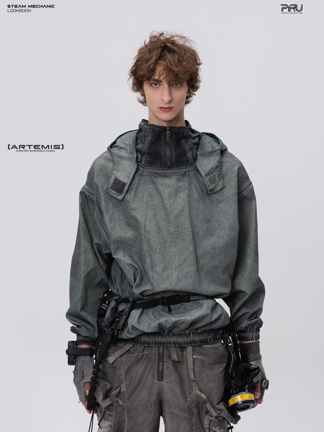 STEAM FUNCTION PIONEER moon-blue mesh hoodie, front modeled view showing the weathered blue finish and hood flaps