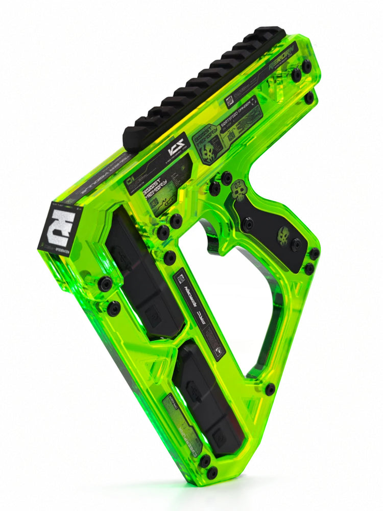 FOCKSHOP REBORN illuminated blaster prop — neon-green illuminated full prop on a clean white background
