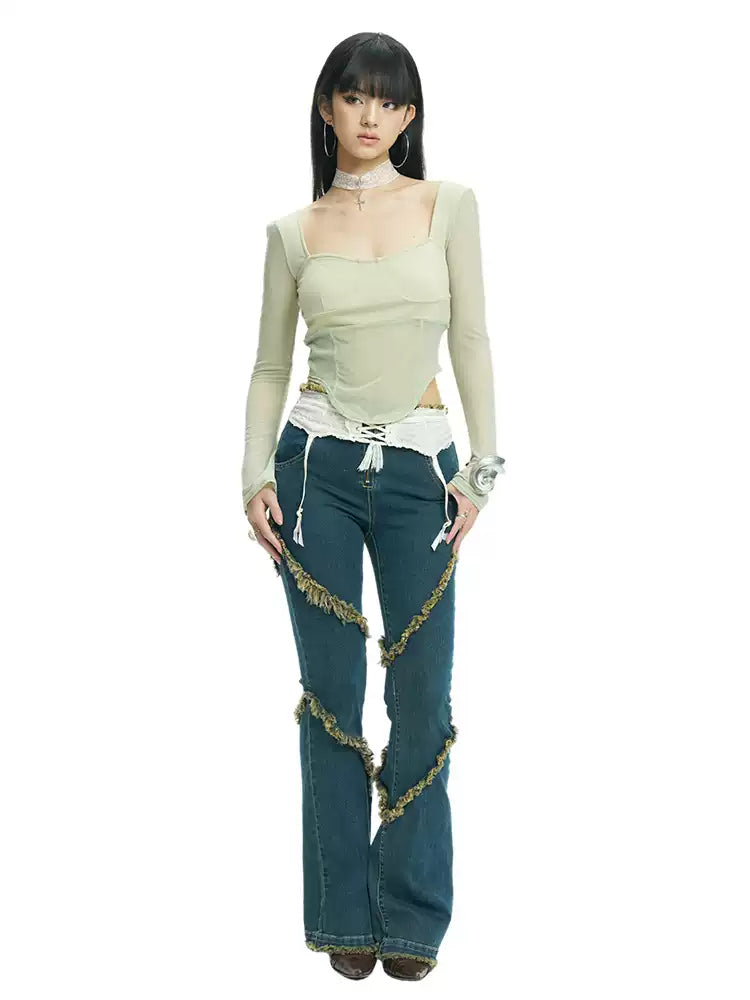 NEXT PASSPORT deep-blue frayed-hem slim flare jeans in denim blue — front full-length modeled view on white showing the frayed diagonal panels and flare.