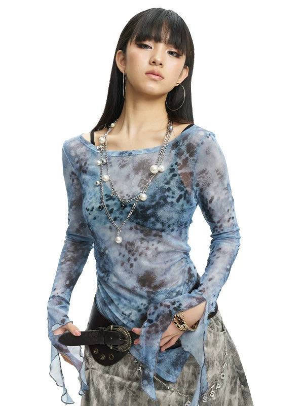 NEXT PASSPORT blue-gray printed mesh asymmetric long-sleeve top, photo 1