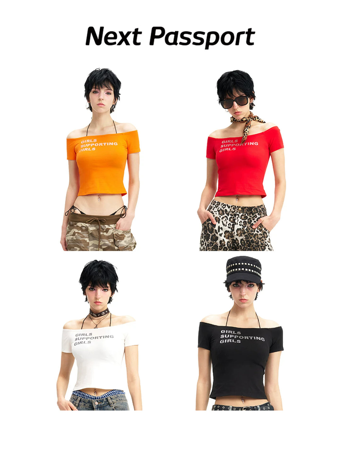 NEXT PASSPORT GIRLS SUPPORTING GIRLS rhinestone off-shoulder crop tee — four-color modeled front collage in orange, red, white and black.