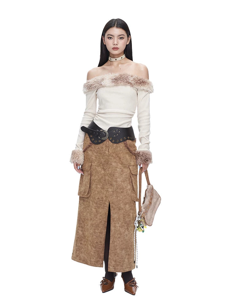 NEXT PASSPORT brown raw-edge slit denim maxi skirt styled with an ivory top