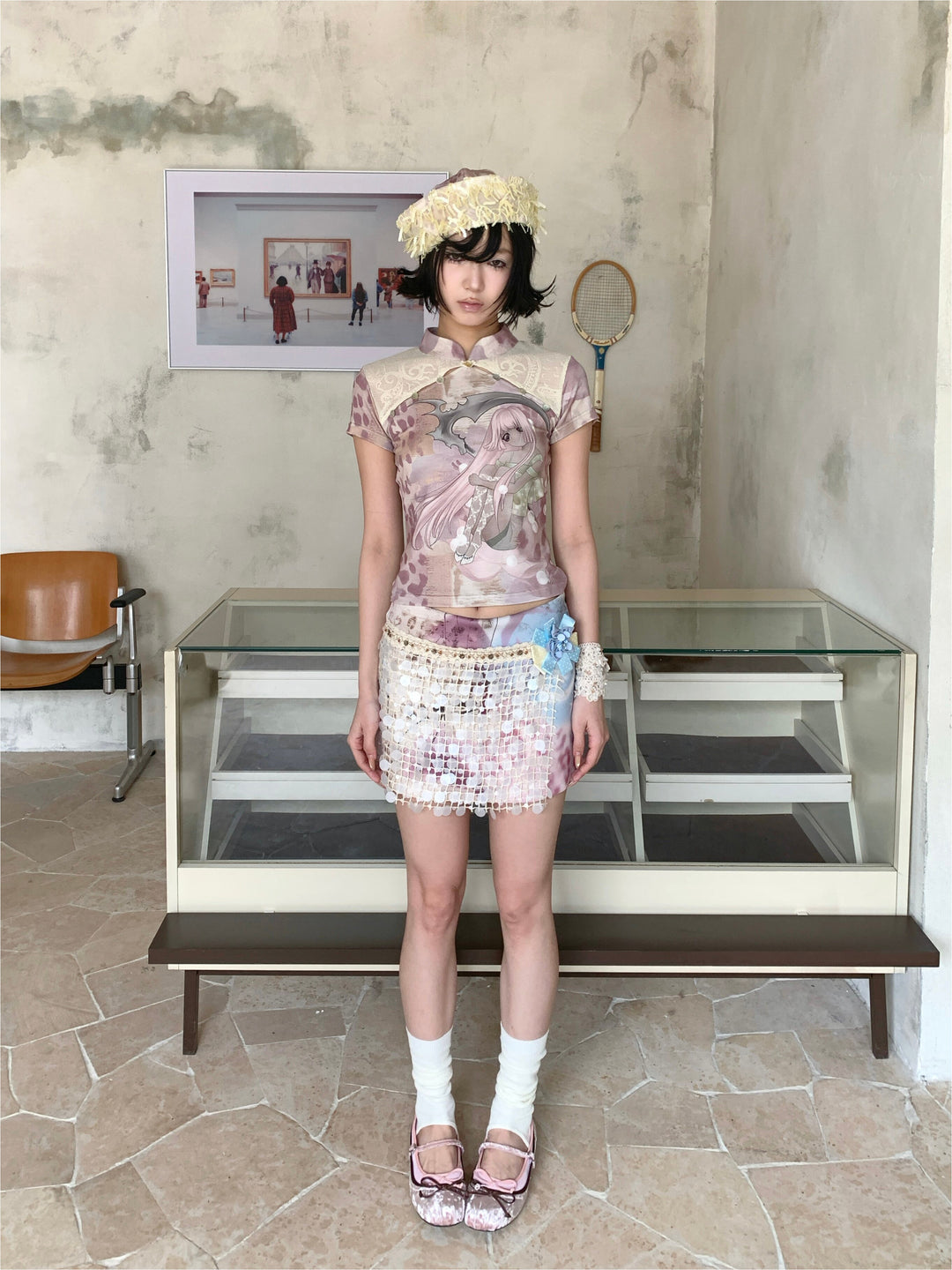 4RE1GN DREAM GARDEN sequin-panel mini skirt in pink multicolor — full-length front modeled view with arms relaxed