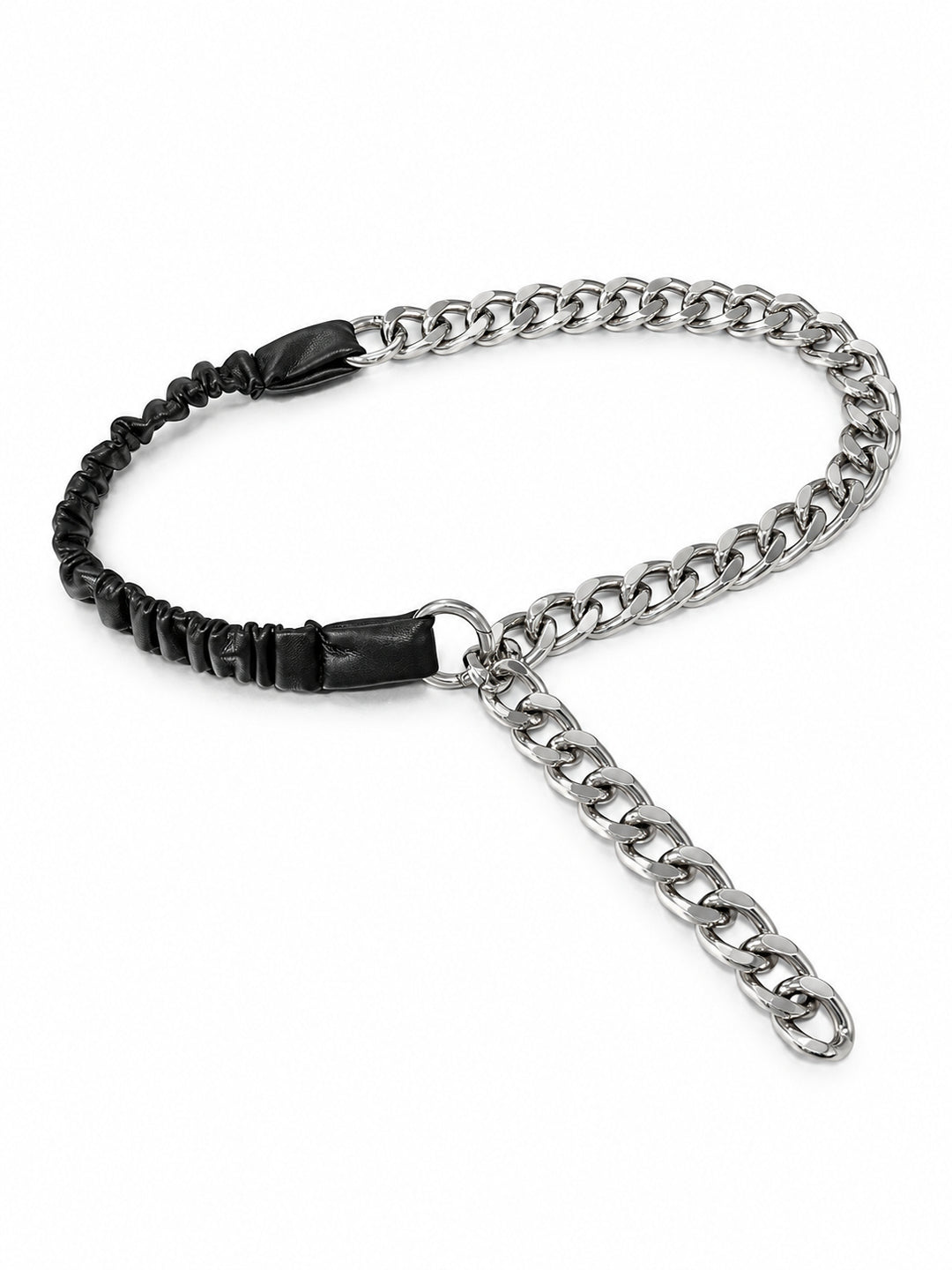 WRAVEN gathered faux-leather curb-chain belt with silver-tone chain and round connectors on white.