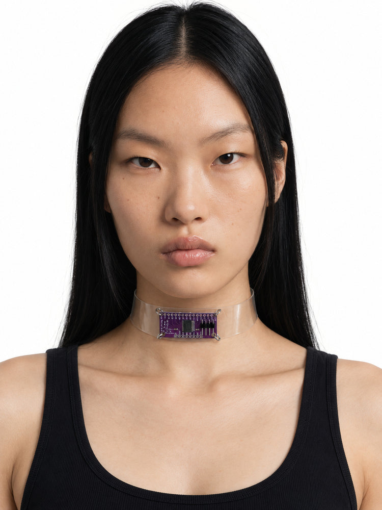 ALISA01 translucent circuit-board choker — front studio try-on