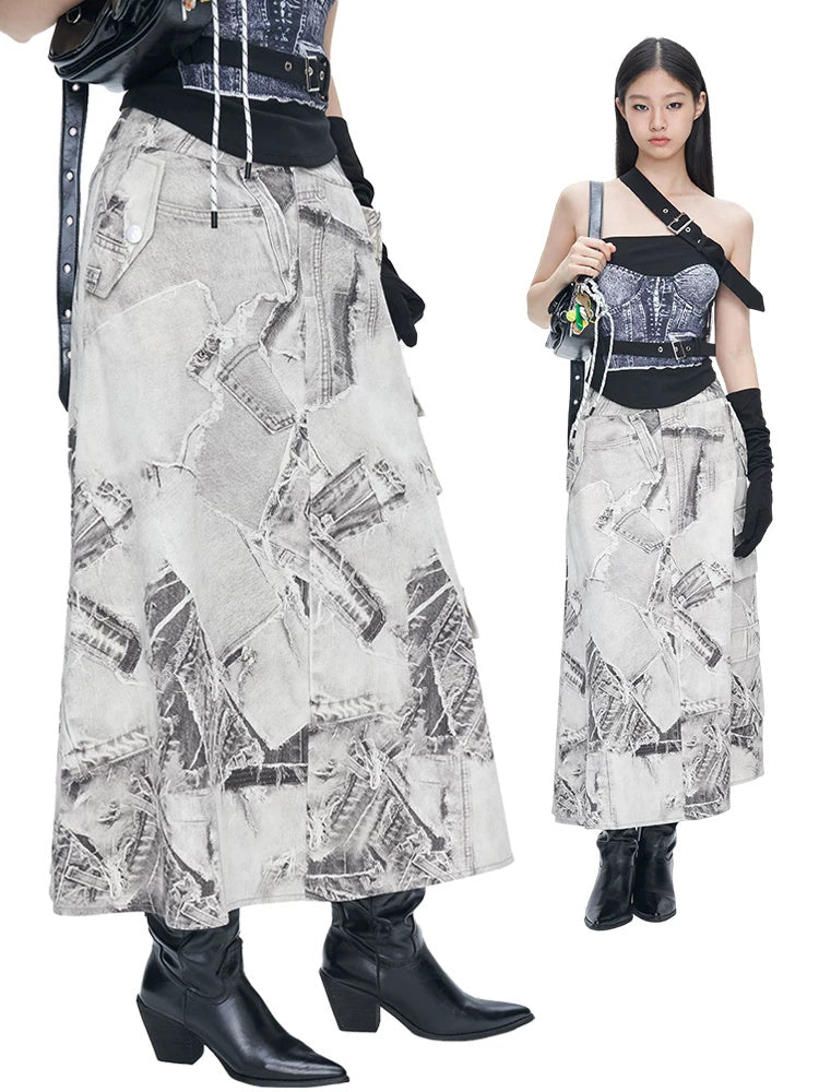 NEXT PASSPORT black-white denim-print maxi skirt — front detail and full-length collage