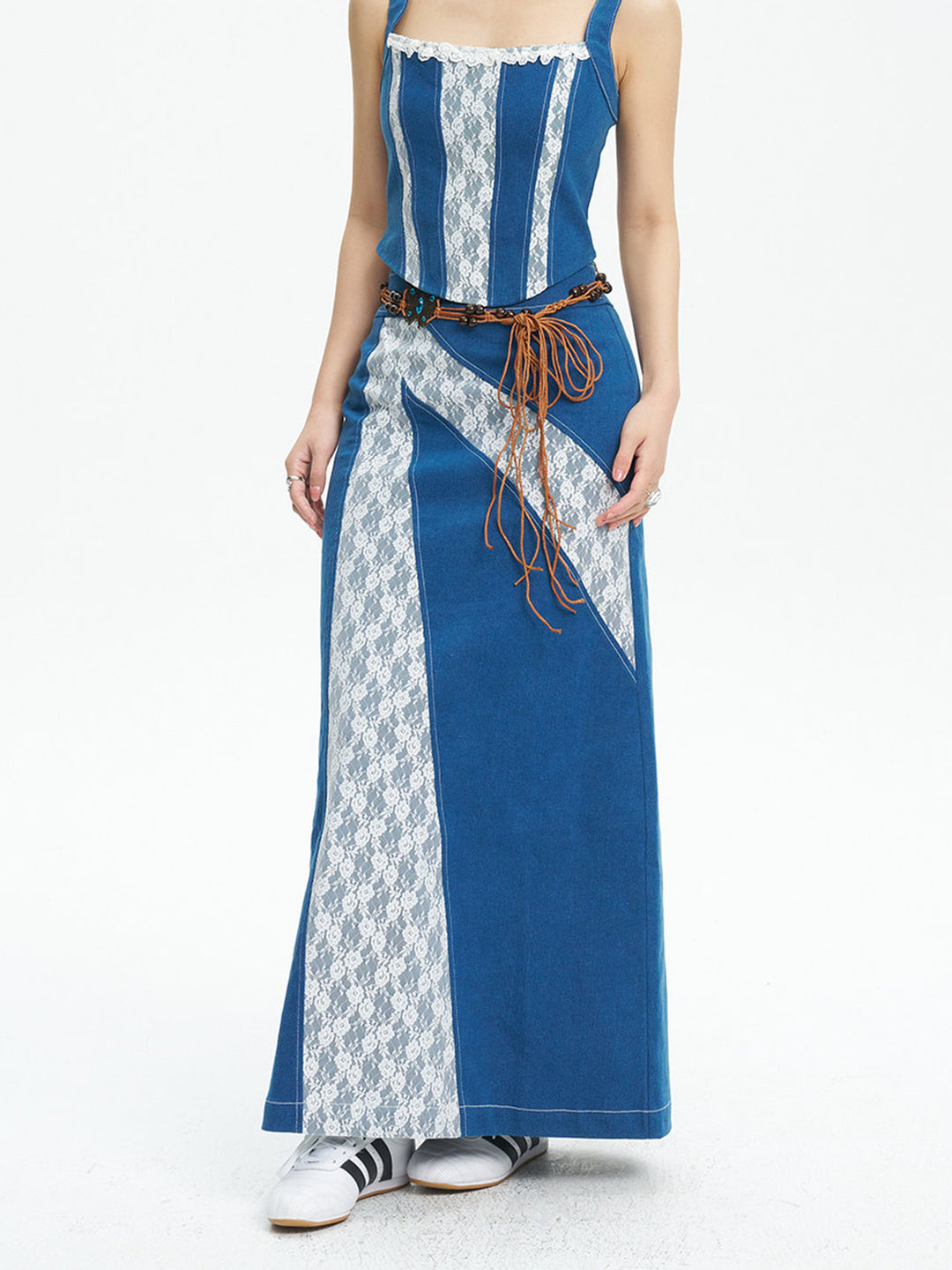 NEXT PASSPORT blue lace-panel denim midi skirt — skirt-focused front view.