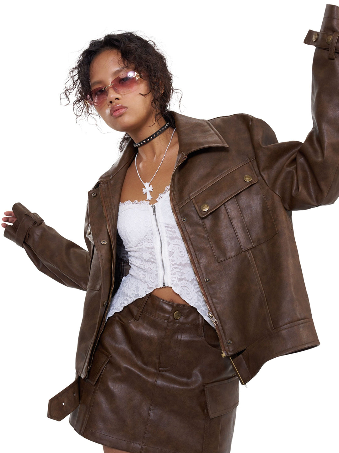 NEXT PASSPORT brown distressed faux-leather moto jacket — product photo 1