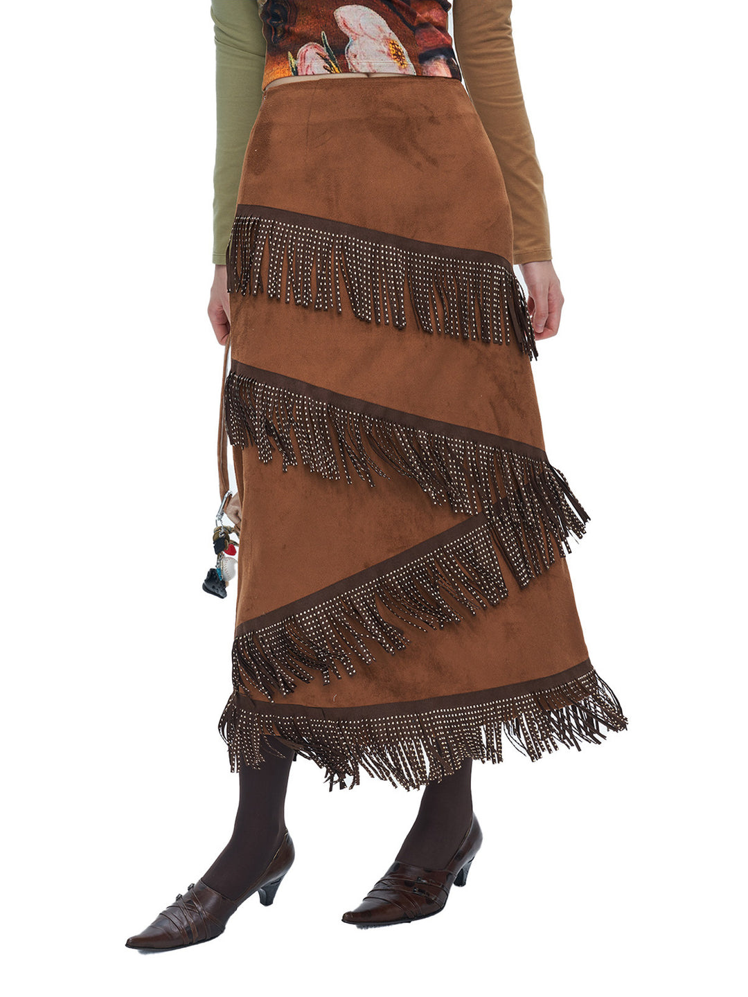 NEXT PASSPORT brown faux-suede fringe maxi skirt modeled side view