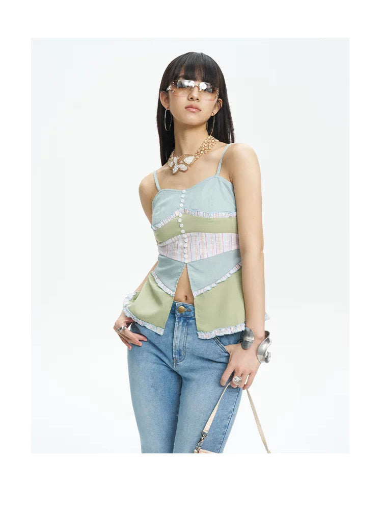 NEXT PASSPORT color-block button-front fishtail camisole green front look