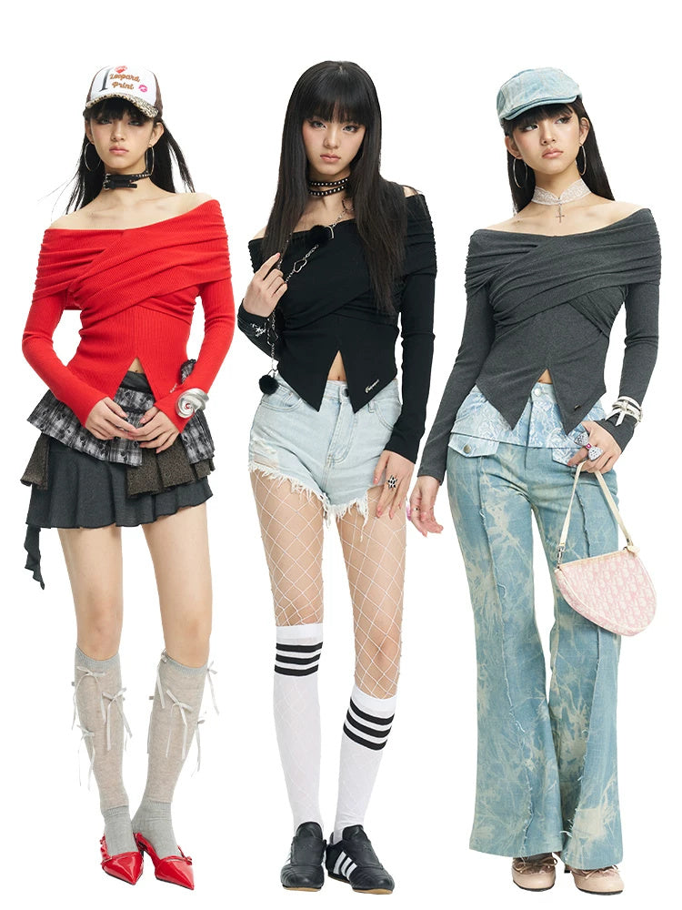NEXT PASSPORT cross-pleated off-shoulder long-sleeve top in red, black and gray