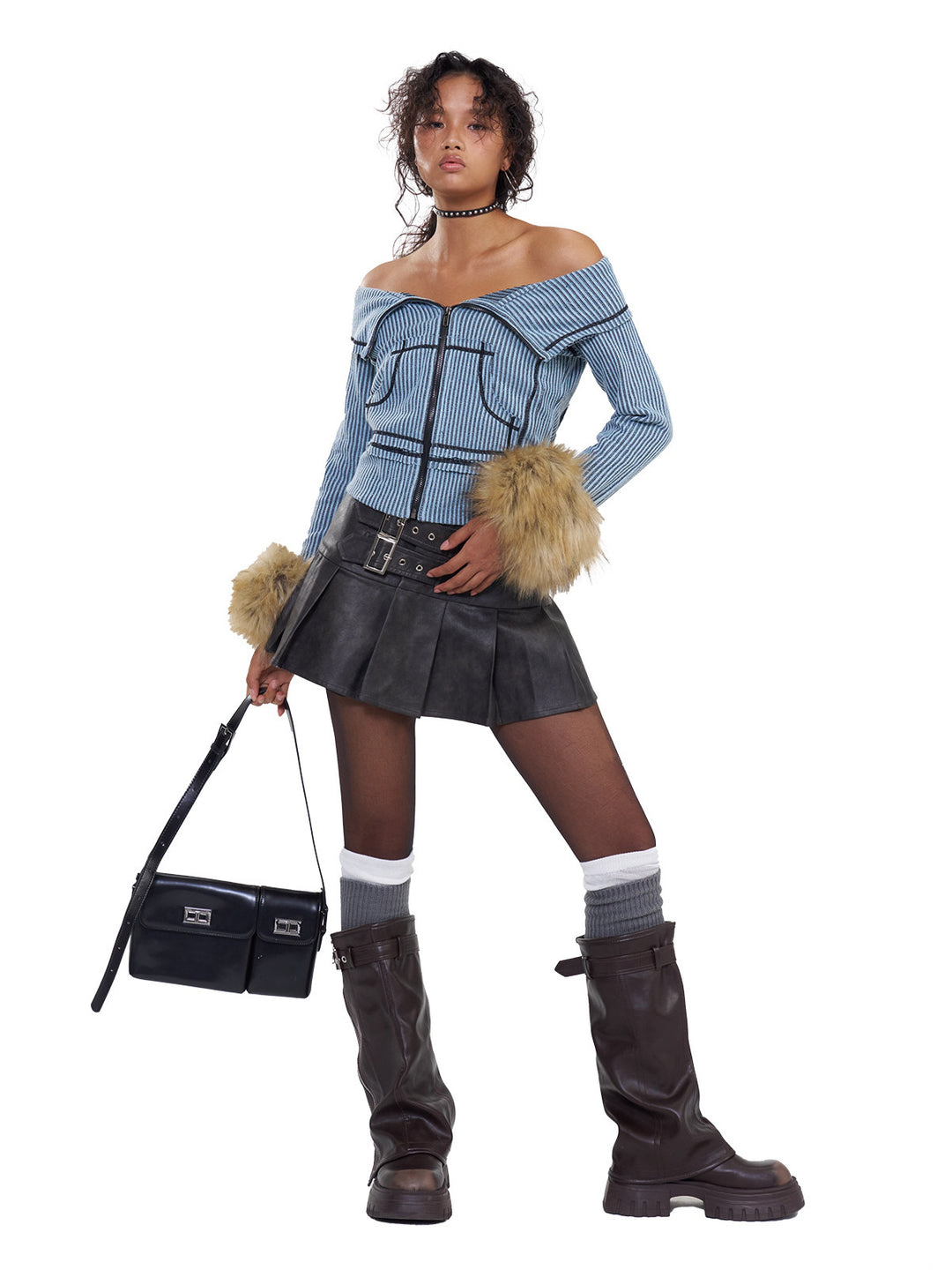 NEXT PASSPORT gray-brown double-belt pleated PU mini skirt, front full-body view