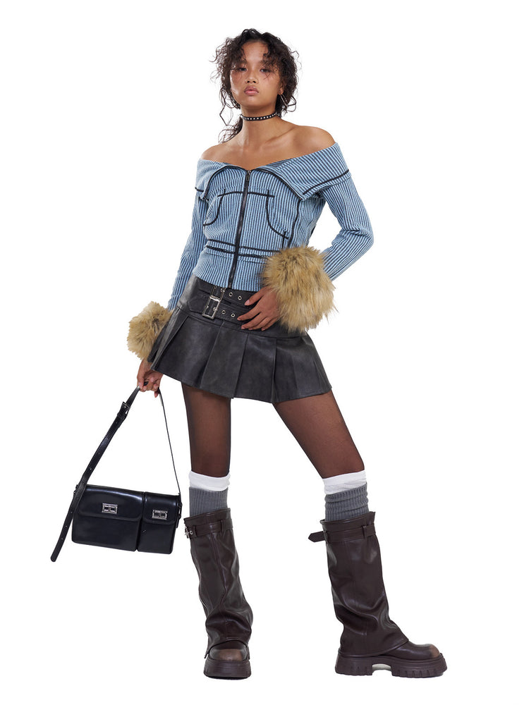 NEXT PASSPORT gray-brown double-belt pleated PU mini skirt, front full-body view