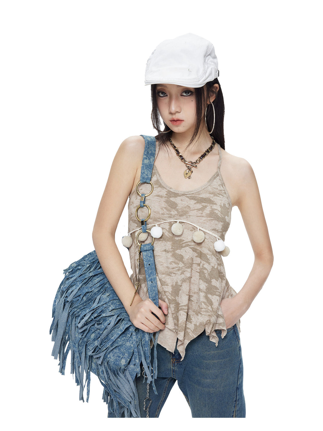NEXT PASSPORT khaki abstract pom-pom handkerchief camisole modeled front with bag