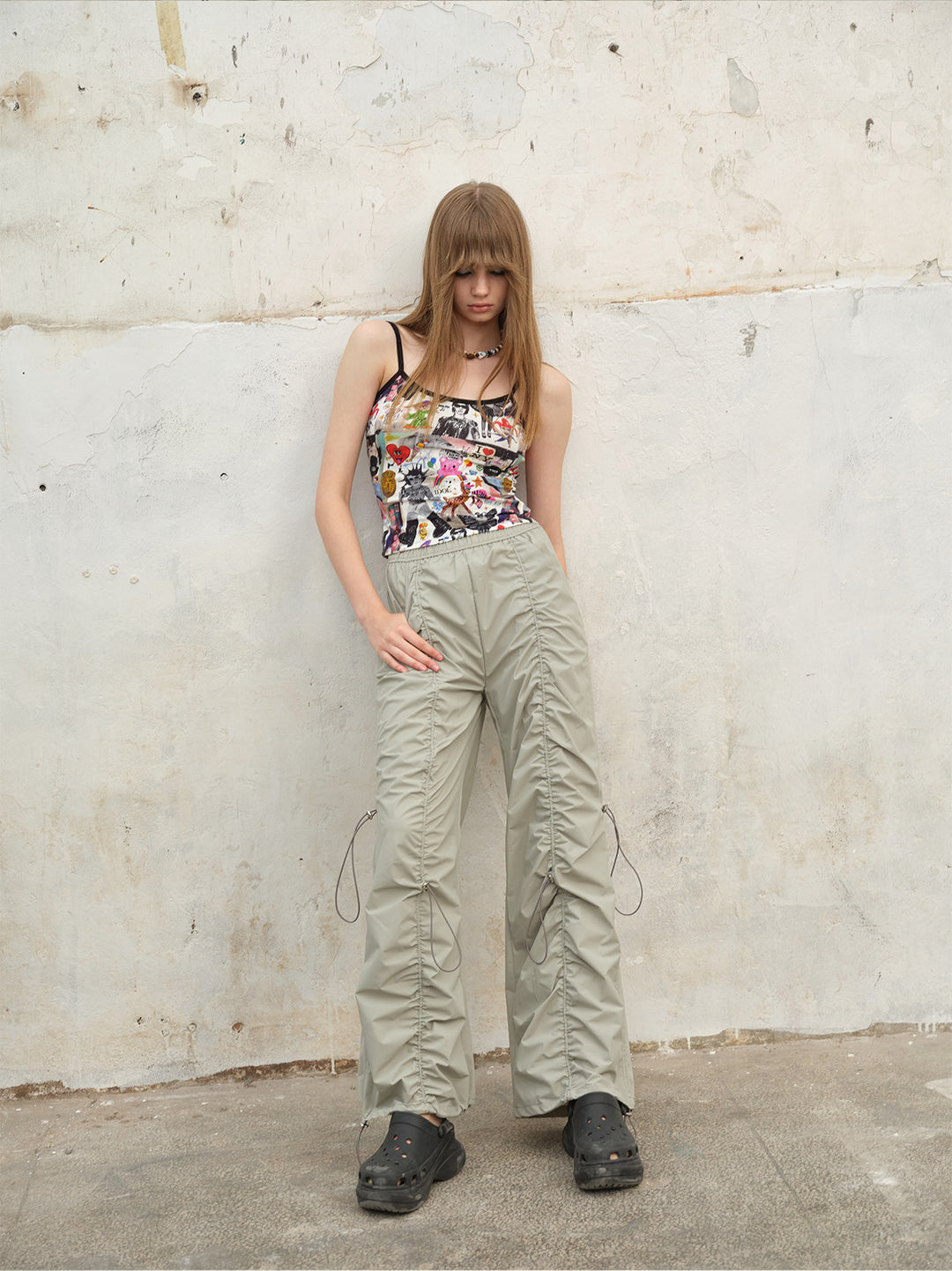 NEXT PASSPORT three-color ruched drawstring wide-leg pants in gray green, front view