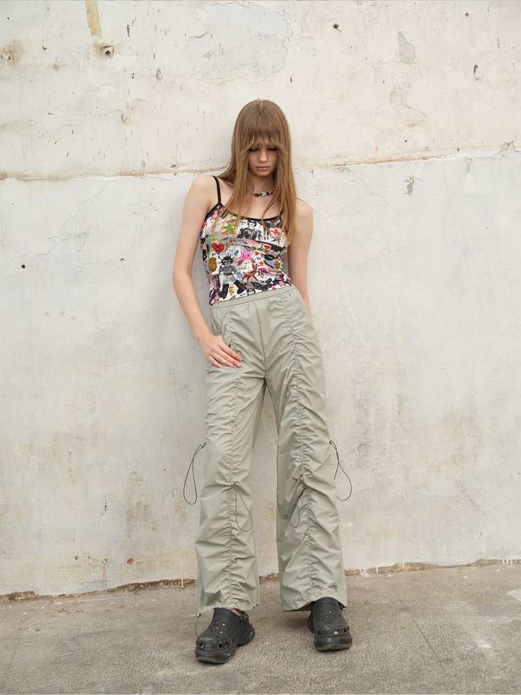 NEXT PASSPORT three-color ruched drawstring wide-leg pants in gray green, front view