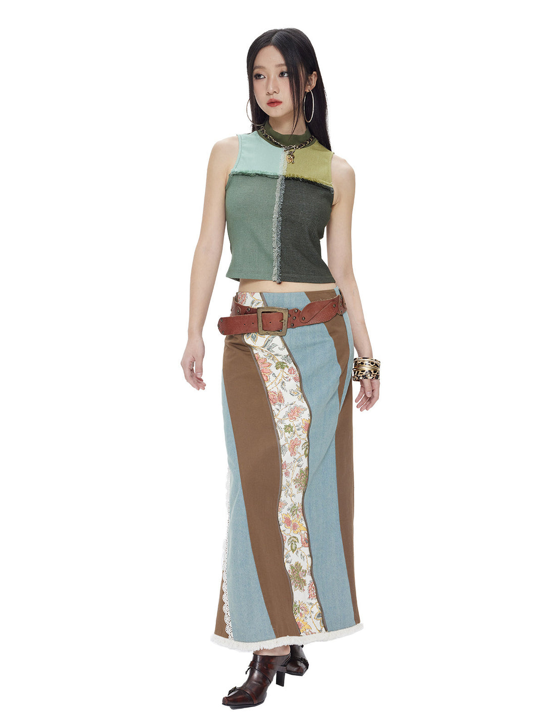 NEXT PASSPORT three-fabric patchwork maxi skirt front full-body view