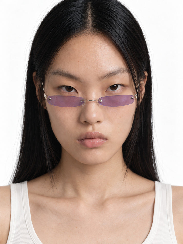 OFF-LABEL purple narrow rimless sunglasses — front studio try-on