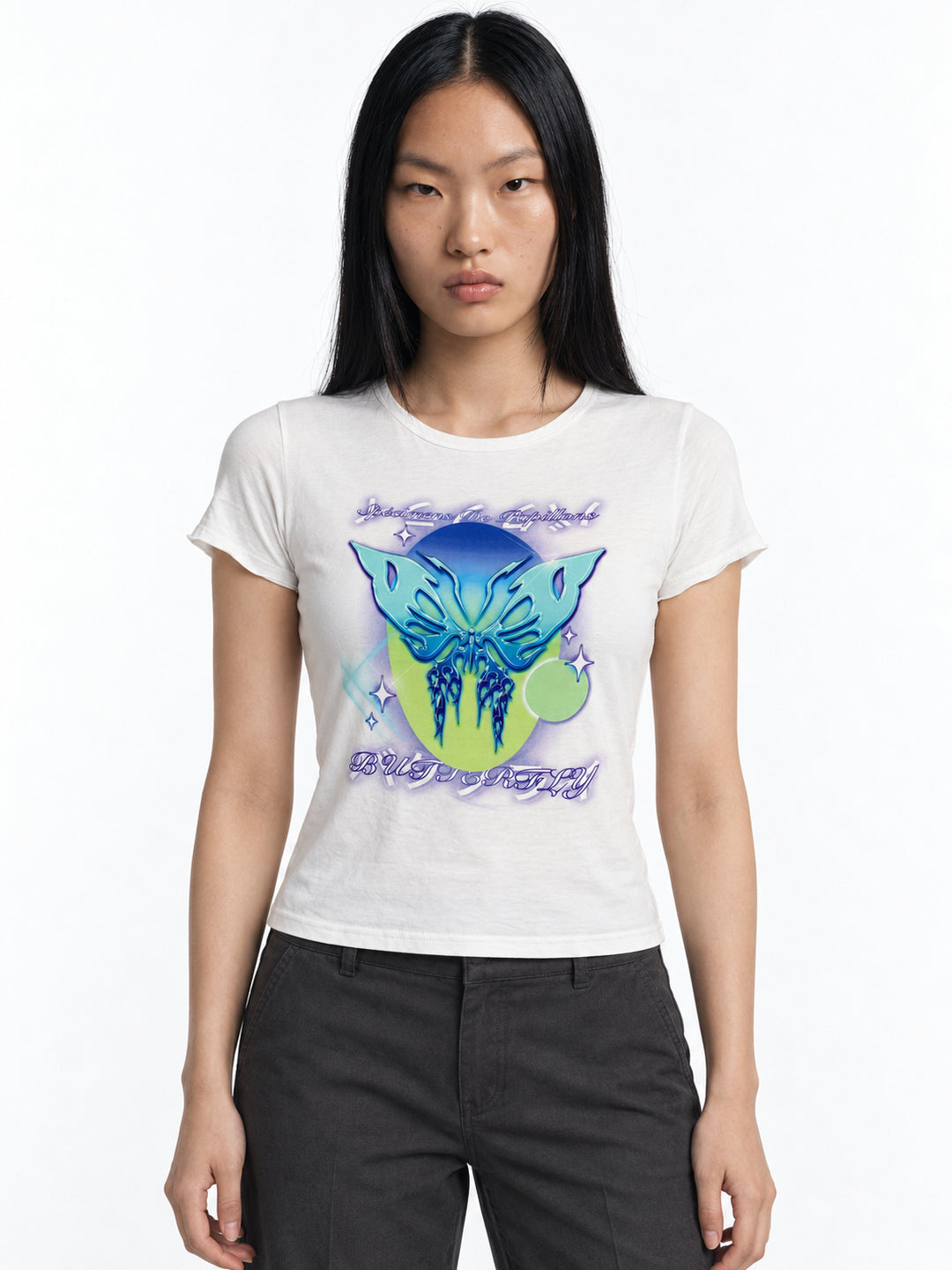 Model wearing the fitted white Alien Butterfly Fairy graphic tee, front view.