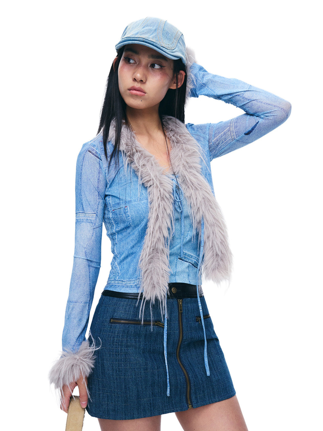 NEXT PASSPORT blue-denim faux-leather waist zip mini skirt styled front view.