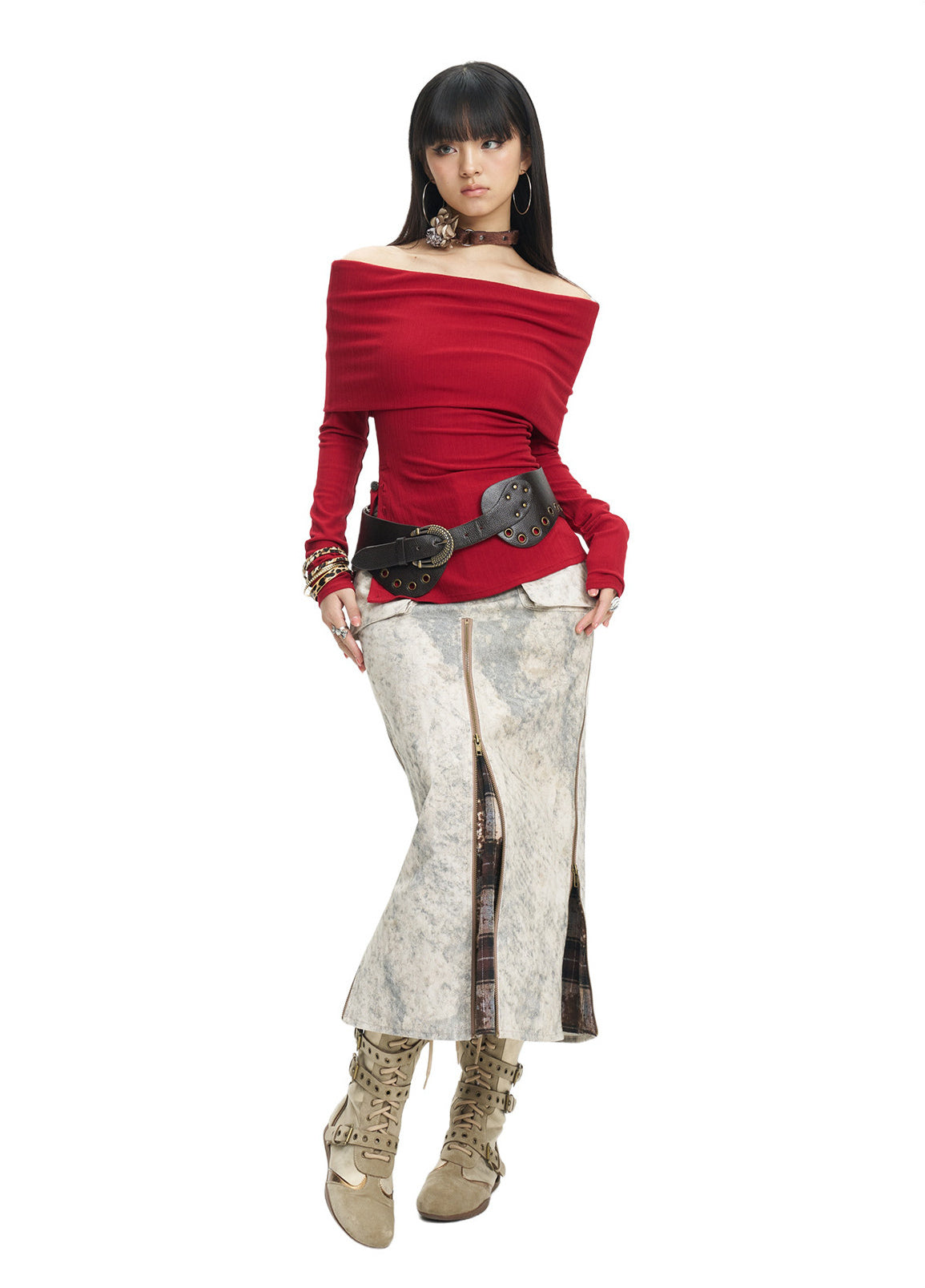 Full-length front view of the khaki tie-dye zip midi skirt