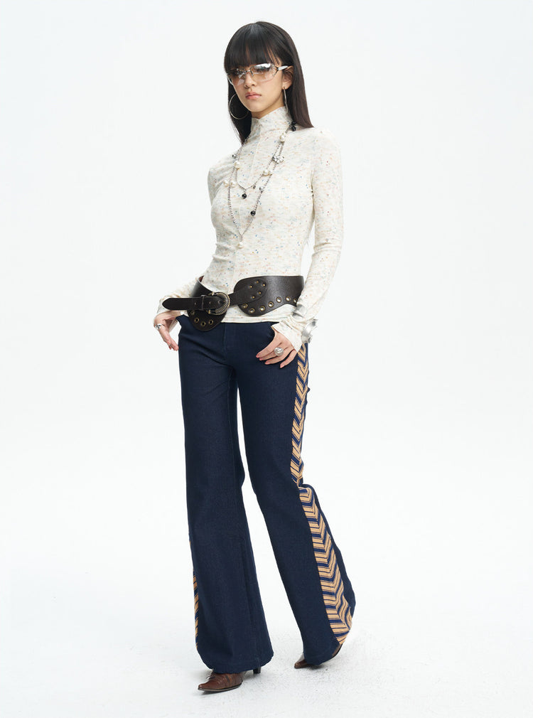NEXT PASSPORT striped tie-panel flared pants in denim blue — angled front studio view.