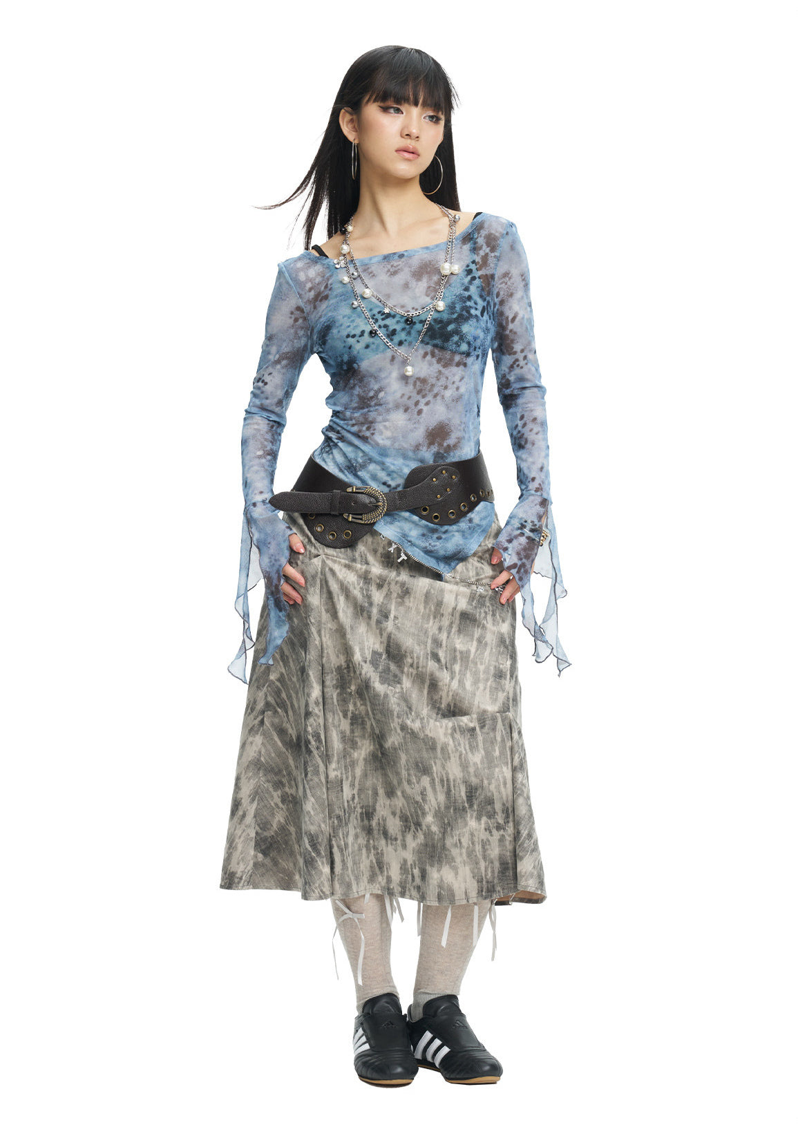 NEXT PASSPORT blue-gray printed mesh asymmetric long-sleeve top, full-length front view