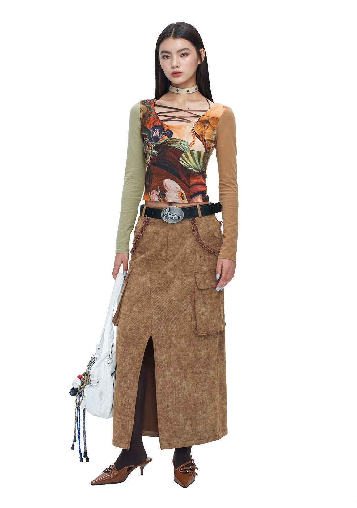 NEXT PASSPORT brown raw-edge slit denim maxi skirt styled with a printed top