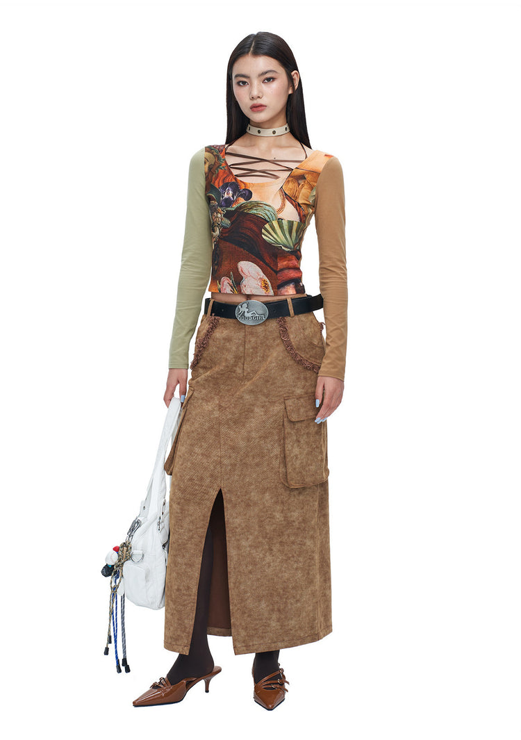 NEXT PASSPORT brown raw-edge slit denim maxi skirt styled with a printed top