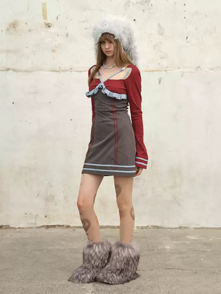 NEXT PASSPORT color-block ruffle square-neck mini dress — wine red full look
