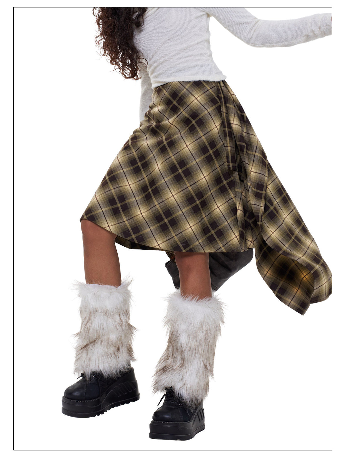 NEXT PASSPORT yellow plaid wrap-panel midi skirt styled with white top