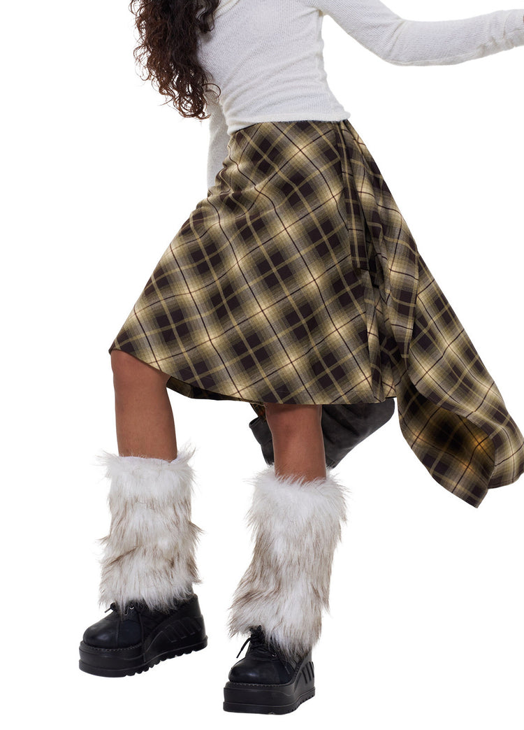 NEXT PASSPORT yellow plaid wrap-panel midi skirt styled with white top