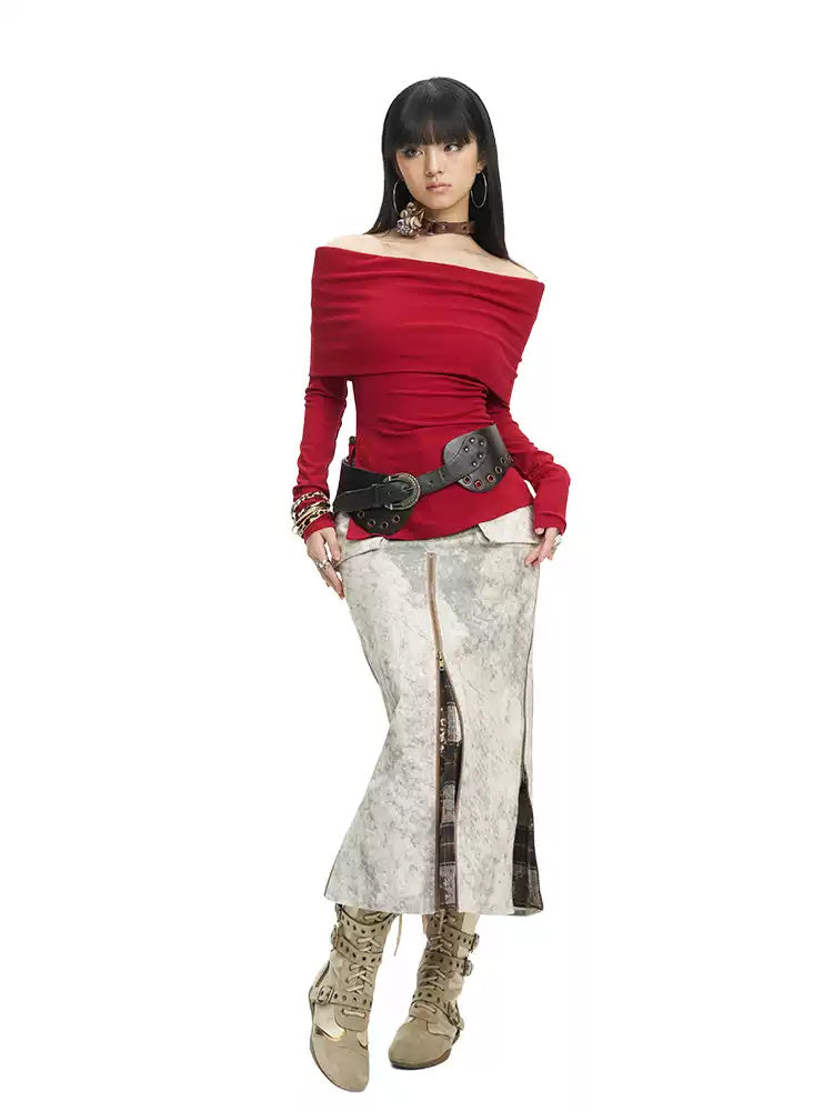 Full-length front view of the khaki tie-dye zip midi skirt
