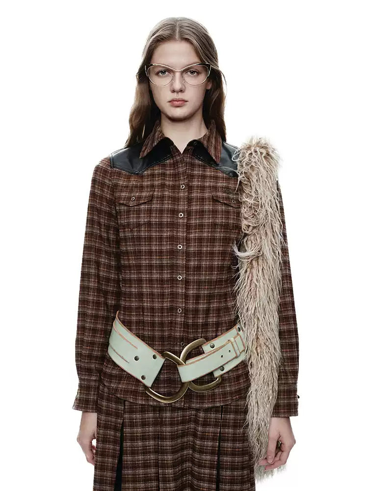 NEXT PASSPORT brown faux-leather plaid shirt — straight-on modeled front view