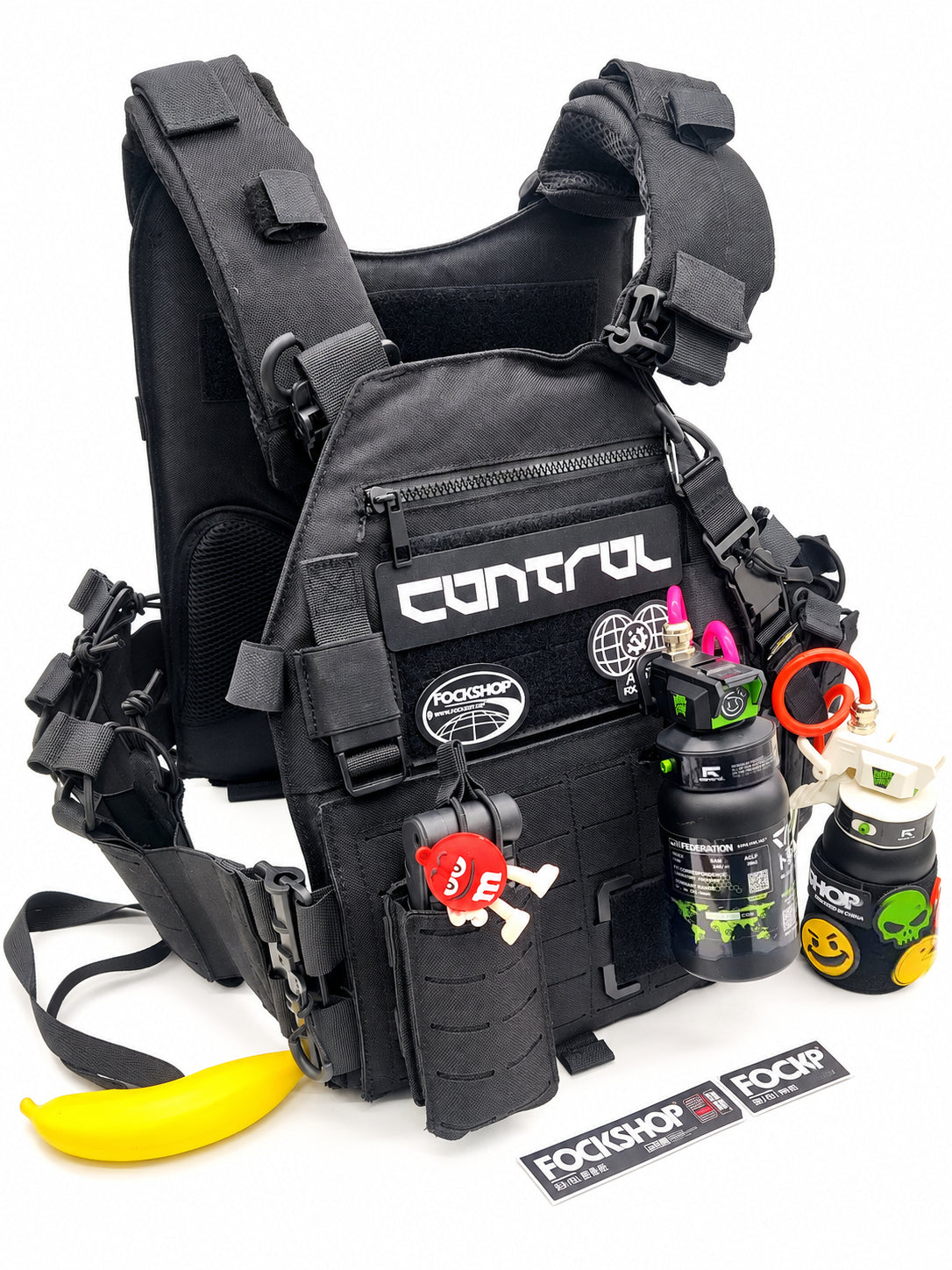 FOCKSHOP IBUPROFEN illuminated canister prop — two canisters clipped to a black gear bag
