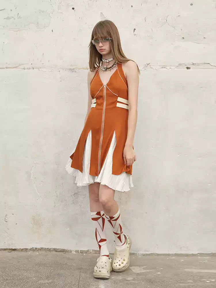 NEXT PASSPORT color-block halter-neck double-slit layered dress — full-length studio look
