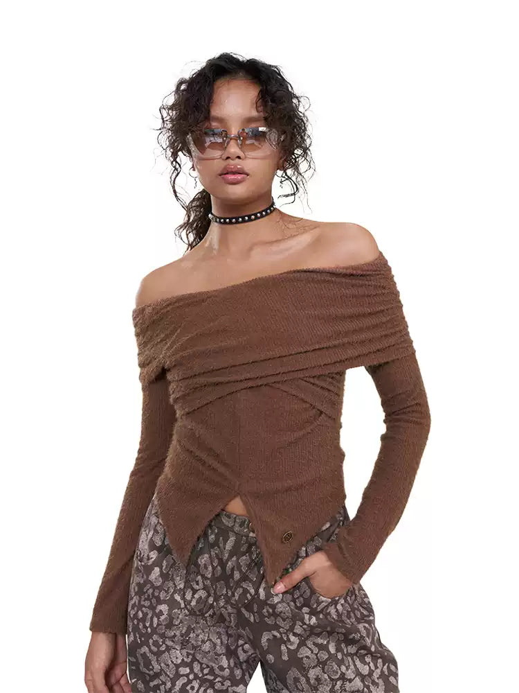 NEXT PASSPORT dark-brown twisted off-shoulder long-sleeve tee, front studio portrait