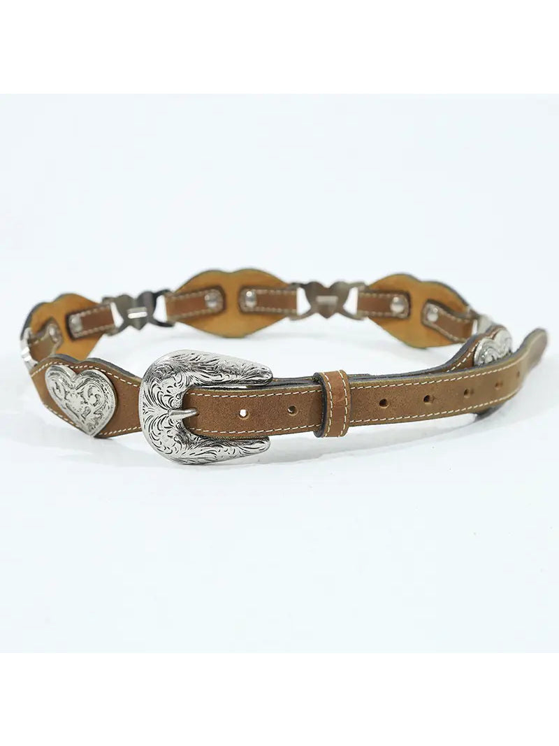 NEXT PASSPORT heart-cutout western PU belt in brown and silver — buckle and heart-hardware close-up on white.