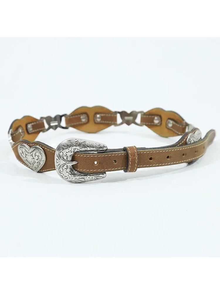 NEXT PASSPORT heart-cutout western PU belt in brown and silver — buckle and heart-hardware close-up on white.