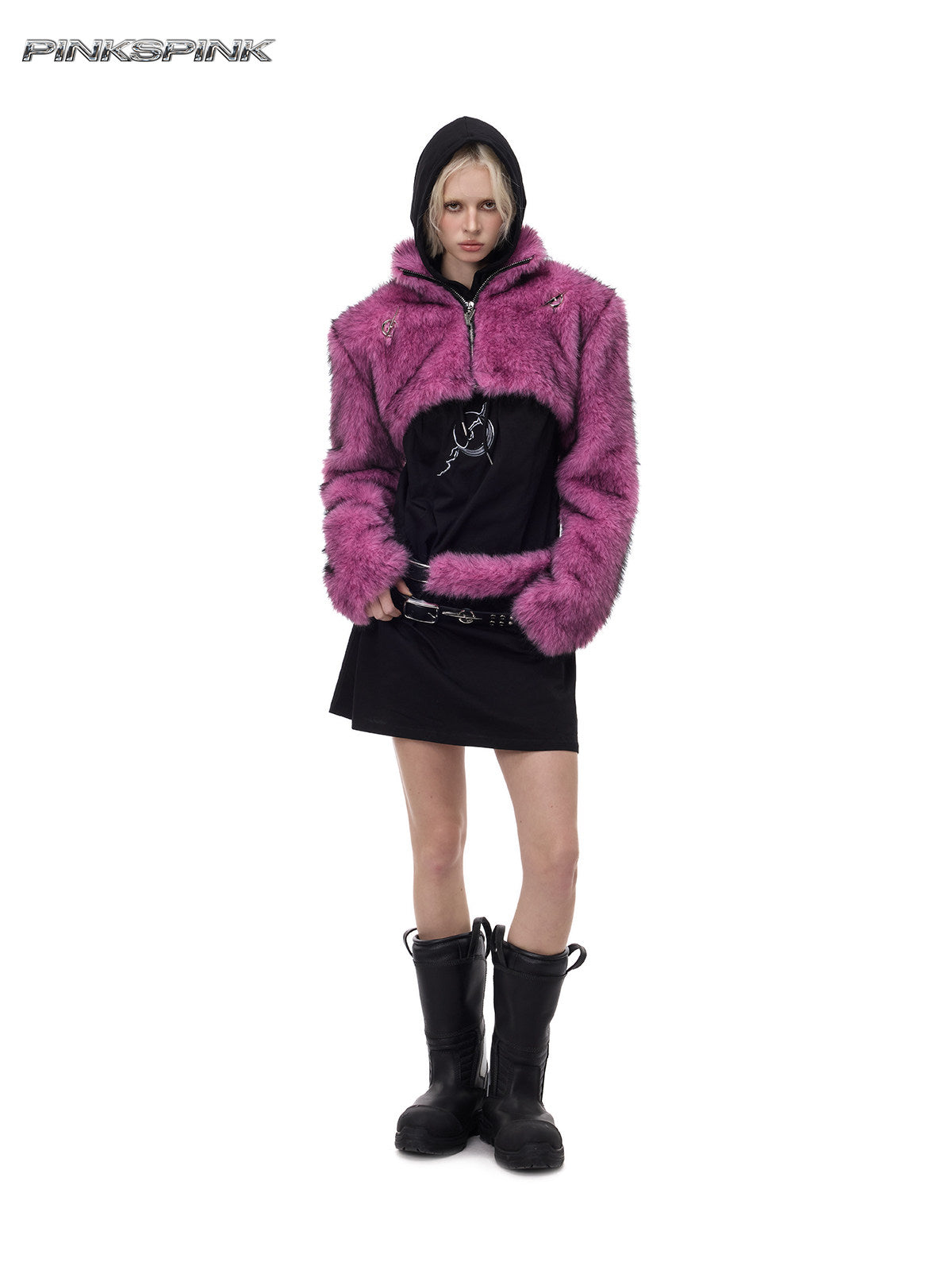 PINKSPINK ELECTRIC MOON gradient faux-fur cropped jacket — full-length modeled view layered over a black hooded top and mini skirt