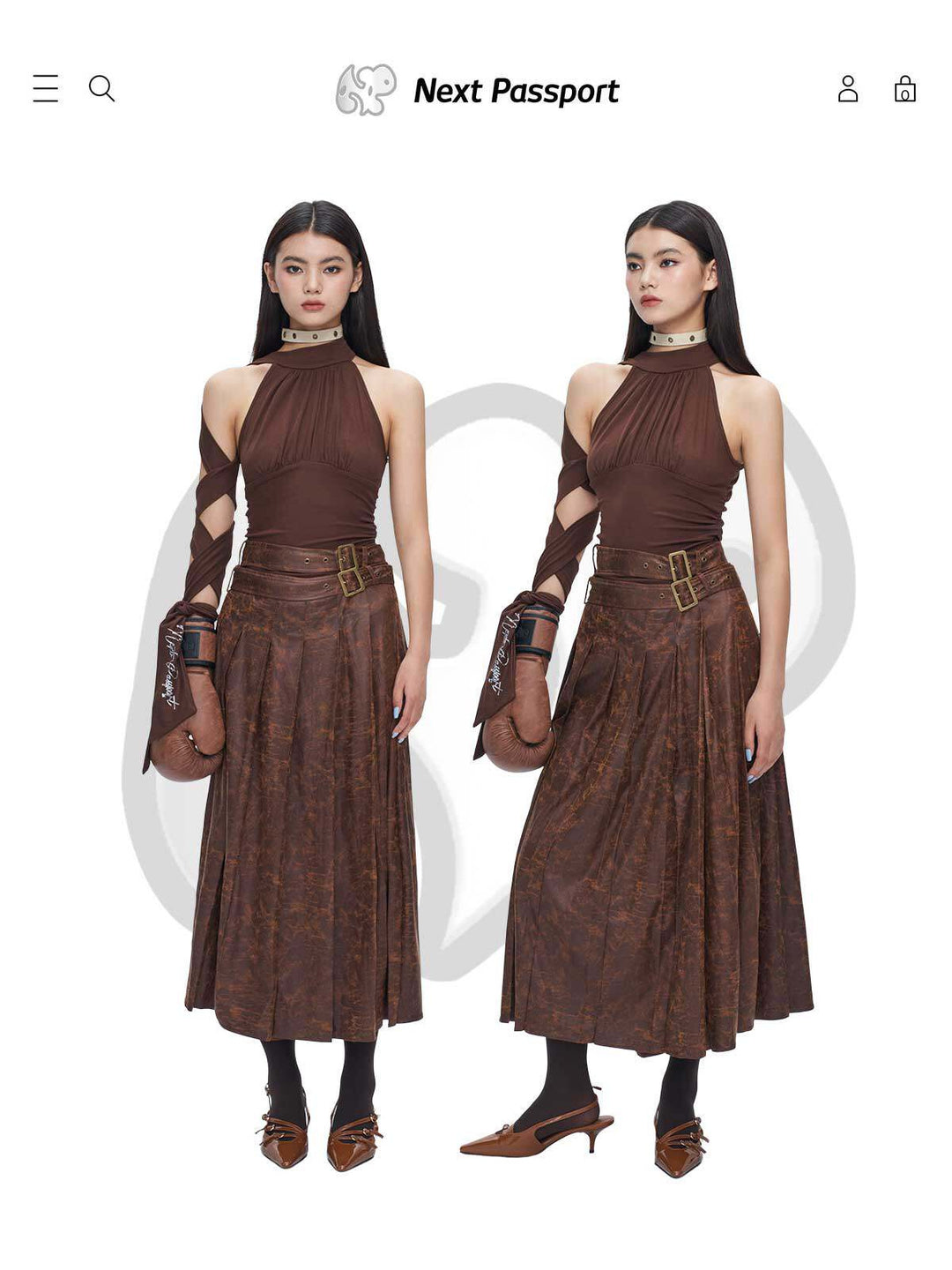 Brown faux-suede maxi skirt styled front and three-quarter views