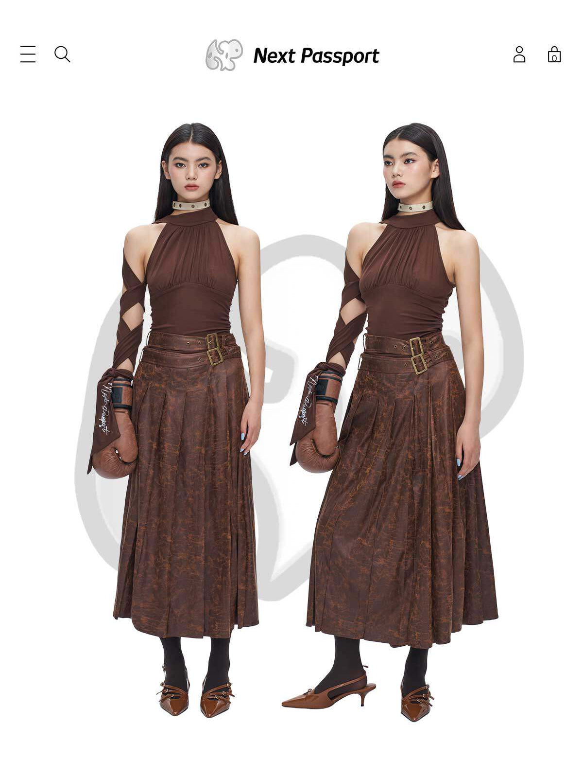 Brown faux-suede maxi skirt styled front and three-quarter views