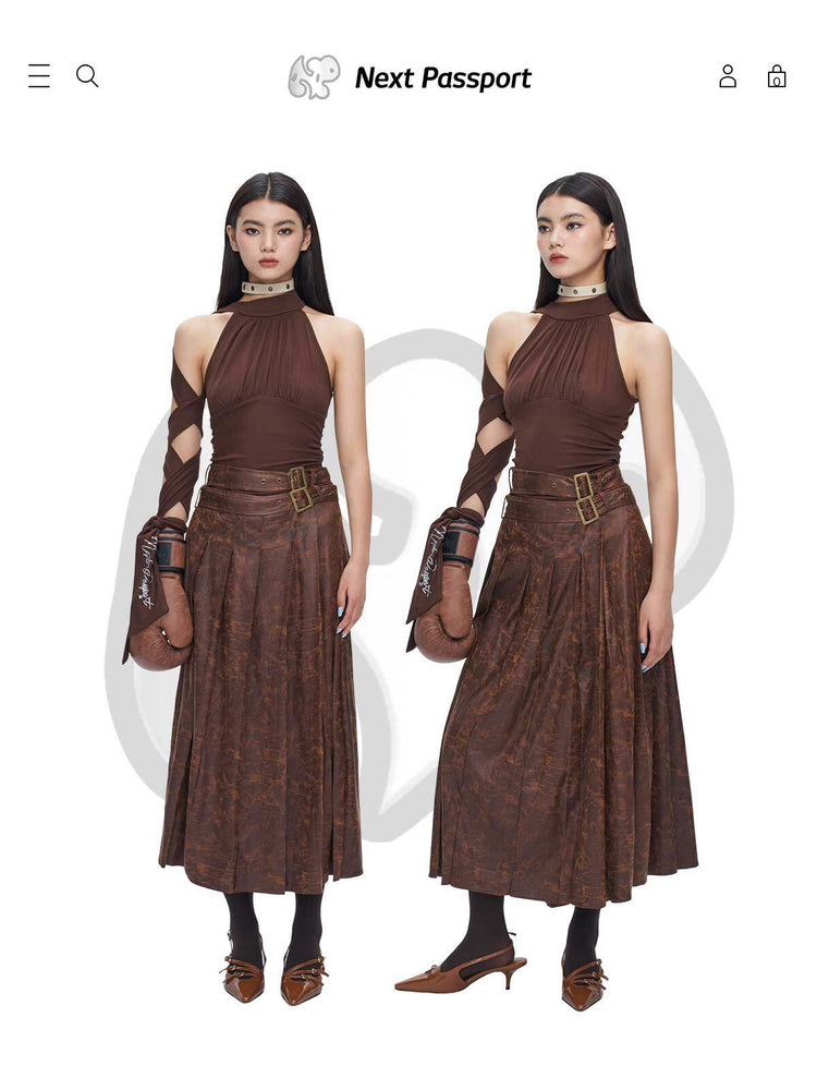Brown faux-suede maxi skirt styled front and three-quarter views